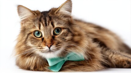 Fototapeta premium Charming Groomed Cat with Bow on White Background, Showcasing Beauty and Cuteness