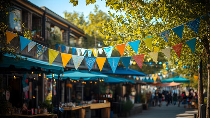 Naklejka premium Colorful triangle bunting hanging over outdoor cafe with blue umbrellas and trees in the day