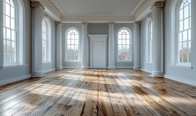 Bright, empty neoclassical room with large arched windows, white pillars, light blue walls, and aged wooden floorboards illuminated by sunlight