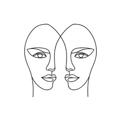 Minimalist single line drawing two abstract female profiles facing each other contour