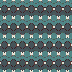 Zigzag seamless pattern. Hexagon mosaic tiles ornament. Ethnic surface print. Repeated geometric figures background. Ornamental wallpaper. Modern geo design digital paper. Vector abstract art