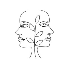 Minimalist single line drawing two faces a plant stem with leaves abstract branch