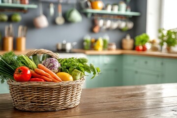 Vibrant Basket of Fresh Vegetables on Cozy Kitchen Counter with Blue Accents