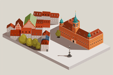 isometric main square of warsaw in poland with buildings and landmarks, vector illustration