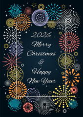 Colorful fireworks 2026 Happy New Year, bright frame on dark background, with text. Flat style vector illustration. Abstract geometric design. Concept for holiday greeting card, poster, banner, flyer