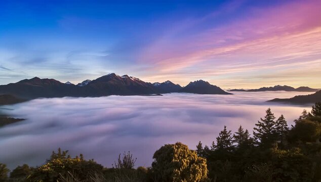 Mountains with clouds drifting at sunrise , forest, blue sky, landscape timelapse video