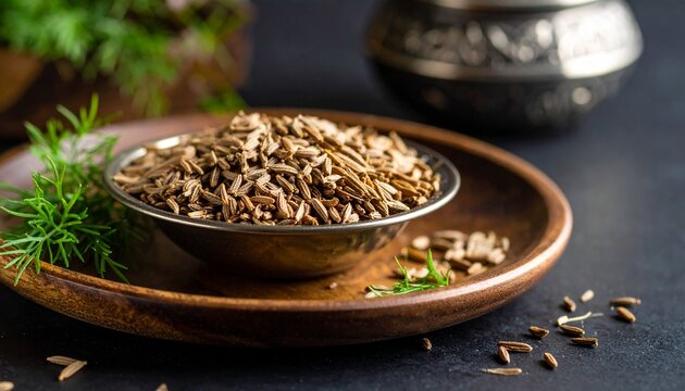 Cumin &ndash; Cumin seeds in a wooden plate next to whole cumin pods