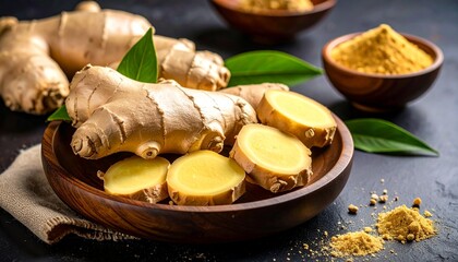 Ginger – Fresh ginger root with slices and powdered ginger