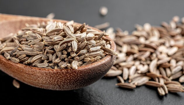 Cumin &ndash; Cumin seeds in a wooden plate next to whole cumin pods