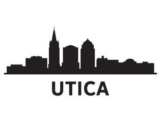 Naklejka premium Panoramic View of Downtown Utica Skyline. Utica city black silhouette skyscrapers and buildings. Long cityscape. Vector black silhouette. with white background