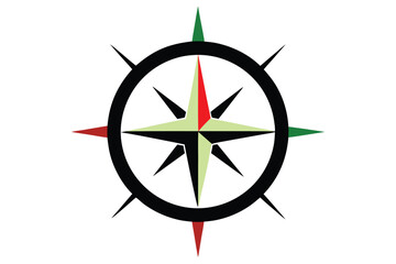 A stylistic compass rose with a wheel motif and directional color indicators