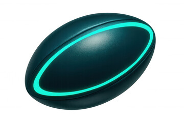 Futuristic rugby ball glowing with a teal neon light, perfect for sports and technology concepts, with transparent background