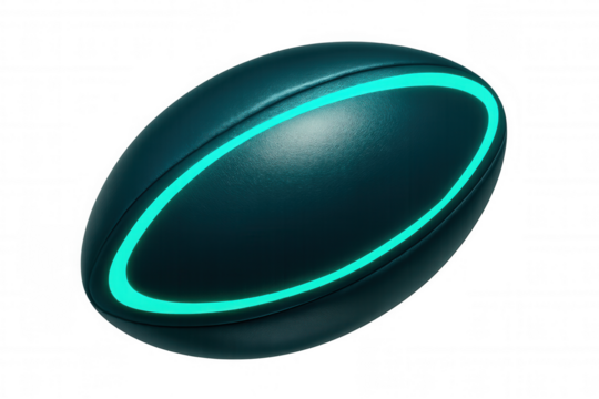 Futuristic rugby ball glowing with a teal neon light, perfect for sports and technology concepts, with transparent background