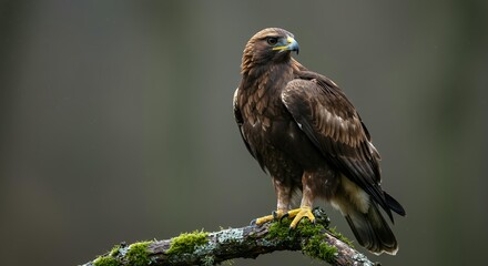 Fototapeta premium Portrait of a Golden Eagle on a Mossy Branch, High-Resolution Wildlife Shot of Majestic Raptor Looking Back in Misty Woodland Background