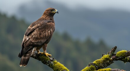Majestic Golden Eagle Perched on Mossy Branch in Alpine Wilderness with Blurred Mountain Background, Side View of Powerful Bird of Prey in Nature