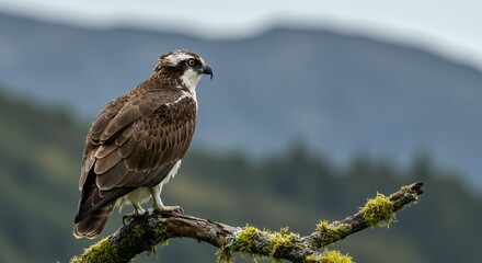 Fototapeta premium Detailed Portrait of a Wild Osprey Resting on an Old Tree Limb with Blurred Mountain Peaks, High-Resolution Wildlife Photography for Nature Editorial