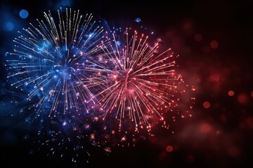Fototapeta premium Joyful 4th of July Celebration: Vibrant Fireworks Illuminating a Red and Blue Background