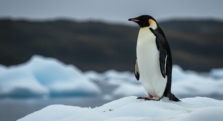 Adult Emperor Penguin Standing on a White Glacial Ice Floe with Blurred Antarctic Mountain Range Background