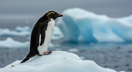 Obraz premium Macaroni Penguin with Golden Plumes on Melting Iceberg, Wildlife Photography of Antarctic Marine Bird in Habitat during Global Warming Crisis