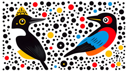 Fototapeta premium Two stylized birds facing each other surrounded by colorful dots on a white background art