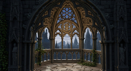Obraz premium Ornate gothic balcony overlooking a city skyline with intricate stonework and detailed architecture ai generated