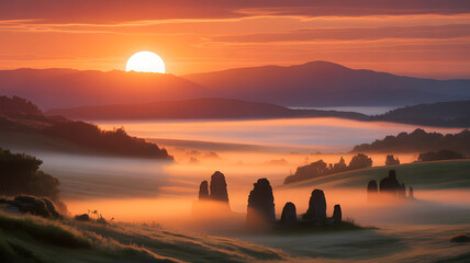  A serene sunrise over a misty, mountainous valley with ancient standing stones.