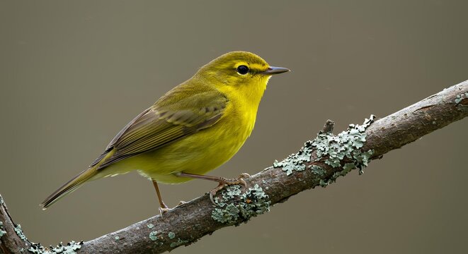 Pine Warbler Perched on Lichen Branch in Spring Forest, Small Yellow Songbird Wildlife Photography for Environmental and Conservation Concepts