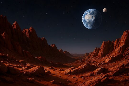 A breathtaking view of earth and its moon from a rocky, red planet landscape, evoking a sense of space exploration and cosmic adventure