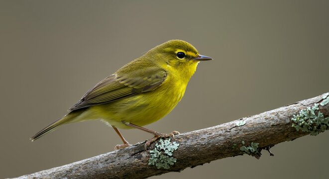 Vibrant Yellow Pine Warbler Standing on Mossy Tree Branch, Detailed Bird Portrait for Nature Books and Wildlife Education