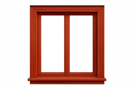 Weathered red wooden window frame, isolating historic architectural detail against transparent backdrop for design rendering
