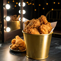 Crispy fried chicken in a shiny golden bucket under bright lights.