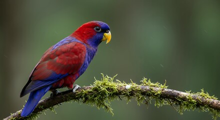 Fototapeta premium Exotic Red Parrot with Blue Wings Resting on a Mossy Branch in a Misty Tropical Forest Environment Professional Wildlife Stock Image