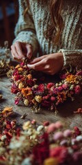 Creative Crafting: Girl Assembling a Vibrant Floral Wreath with Seasonal Summer Blooms for Autumn Decor