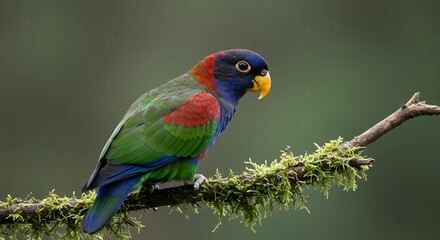 Fototapeta premium Exotic Multi-Colored Lory Parrot with Blue Cap and Red Wing Markings Perching on a Mossy Branch in the Jungle