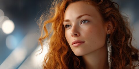 Young caucasian female with red curly hair in thoughtful pose and earrings