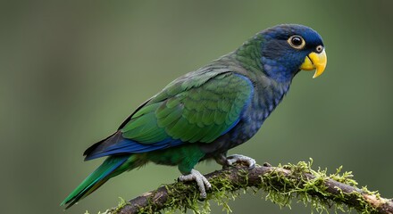 Naklejka premium Vibrant Blue and Green Rainforest Parrot Perched on a Moss-Covered Branch with High Detail Feather Texture for Wildlife Conservation