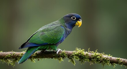 Obraz premium Dark Blue and Emerald Green Exotic Parrot on a Mossy Tree Branch in Rainforest Habitat Professional Avian Portrait for Nature Marketing