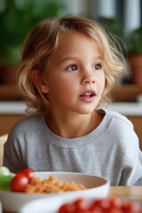 Young caucasian child eating breakfast with curious expression at home