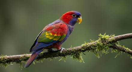 Obraz premium Vibrant Red-Collared Lorikeet Perched on Mossy Branch, Exotic Tropical Parrot with Multicolored Plumage Against Blurred Green Rainforest Backdrop