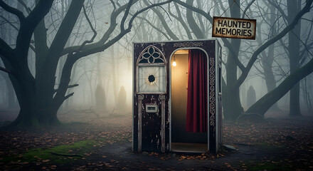 A spooky photo booth with haunted memories sign in a dark and foggy forest with bare trees ai generated