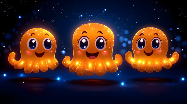 Three cartoon orange jellyfish floating in a dark blue space with glowing light particles