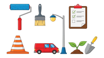 Construction Essentials: A collection of essential tools and elements, including a paint roller, paintbrush, street light, clipboard with check marks, traffic cone, red van, seedling, and trowel.