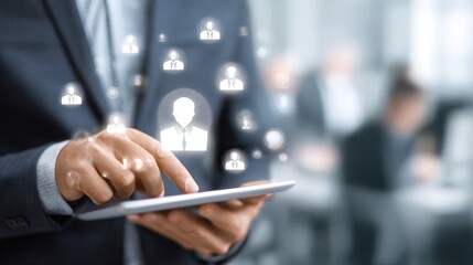 Businessperson using tablet to manage digital profiles Modern technology for human resource management