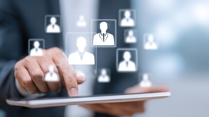 Businessperson using tablet to manage digital profiles online network of employees or clients Recruitment or HR concept