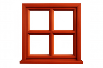 Wooden window frame in vibrant red tone, transparent backdrop showcasing architectural details with clean, minimalist design aesthetic