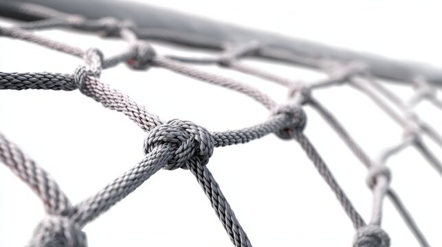Close up detailed view of knotted grey rope netting texture ideal for sports backgrounds or abstract designs