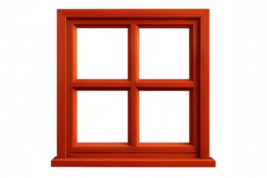 Wooden window frame in vibrant red tone, transparent backdrop showcasing architectural details with clean, minimalist design aesthetic