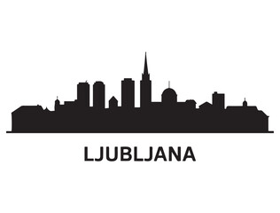 Fototapeta premium Panoramic View of Downtown Ljubljana Skyline. Ljubljana city black silhouette skyscrapers and buildings. Long cityscape. Vector black silhouette. with white background