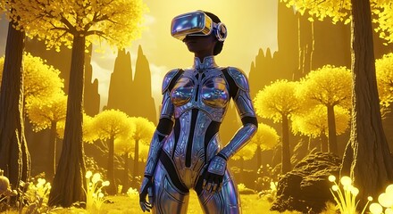 Futuristic cyberpunk portrait of a woman wearing reflective VR goggles displaying a vivid cosmic scene with galaxies, planets, and nebulae, surrounded by glowing yellow neon leaves and luminous wires