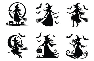 Halloween witch silhouettes with bats and pumpkins